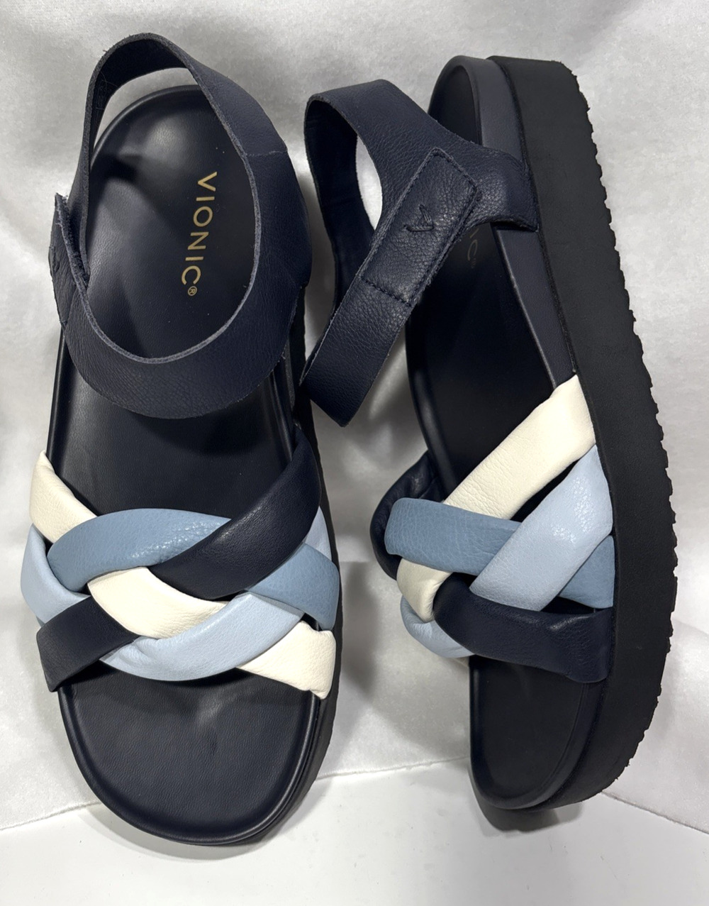 Vionic Rosa Leather Platform Sandals Blue White Black Adjustable Womens Size 10W